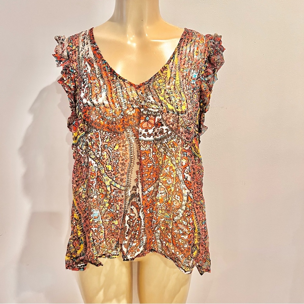 Joie Silk Chiffon Top Sz M Flutter Sleeves Pleated Loose V-neck